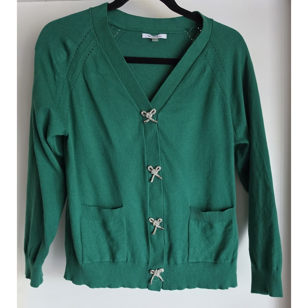 Vita Milano Women Cardigan Size L Green Long Sleeve Viscose Blend Bow Buttons